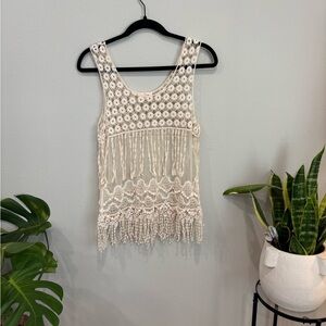 Crystal K | Elegant Cream Lace and Crochet Fringe Top | Size Small